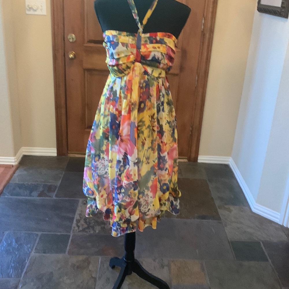 Beautiful floral halter dress with tie neck and ruffle at hem. Size M. NWT